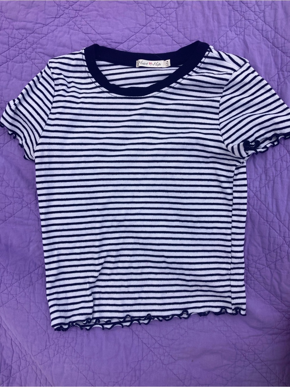 Heart Hips Navy and White Striped Ruffle-Hem Tee